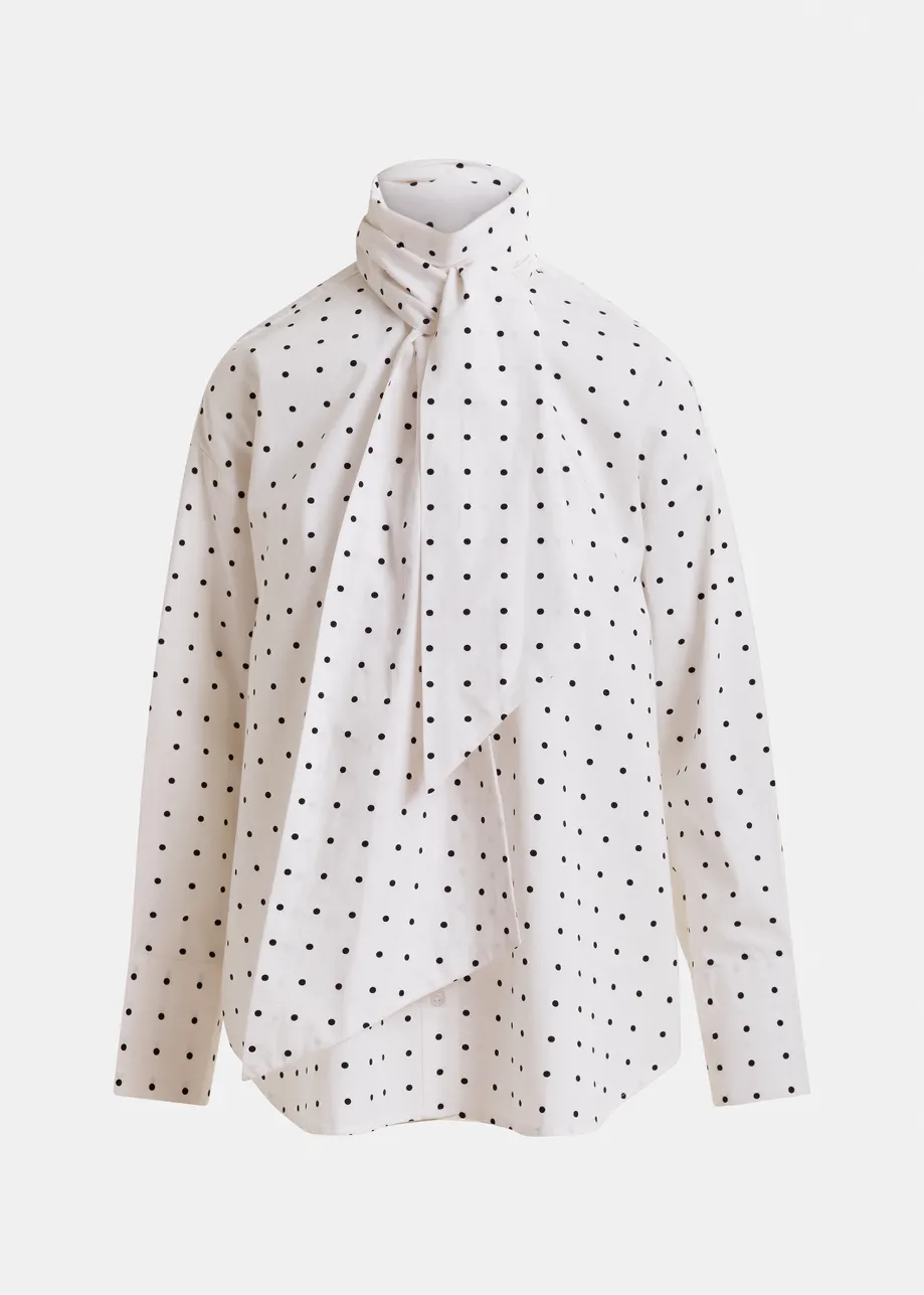 White and black polkadot cotton shirt with pussy bow