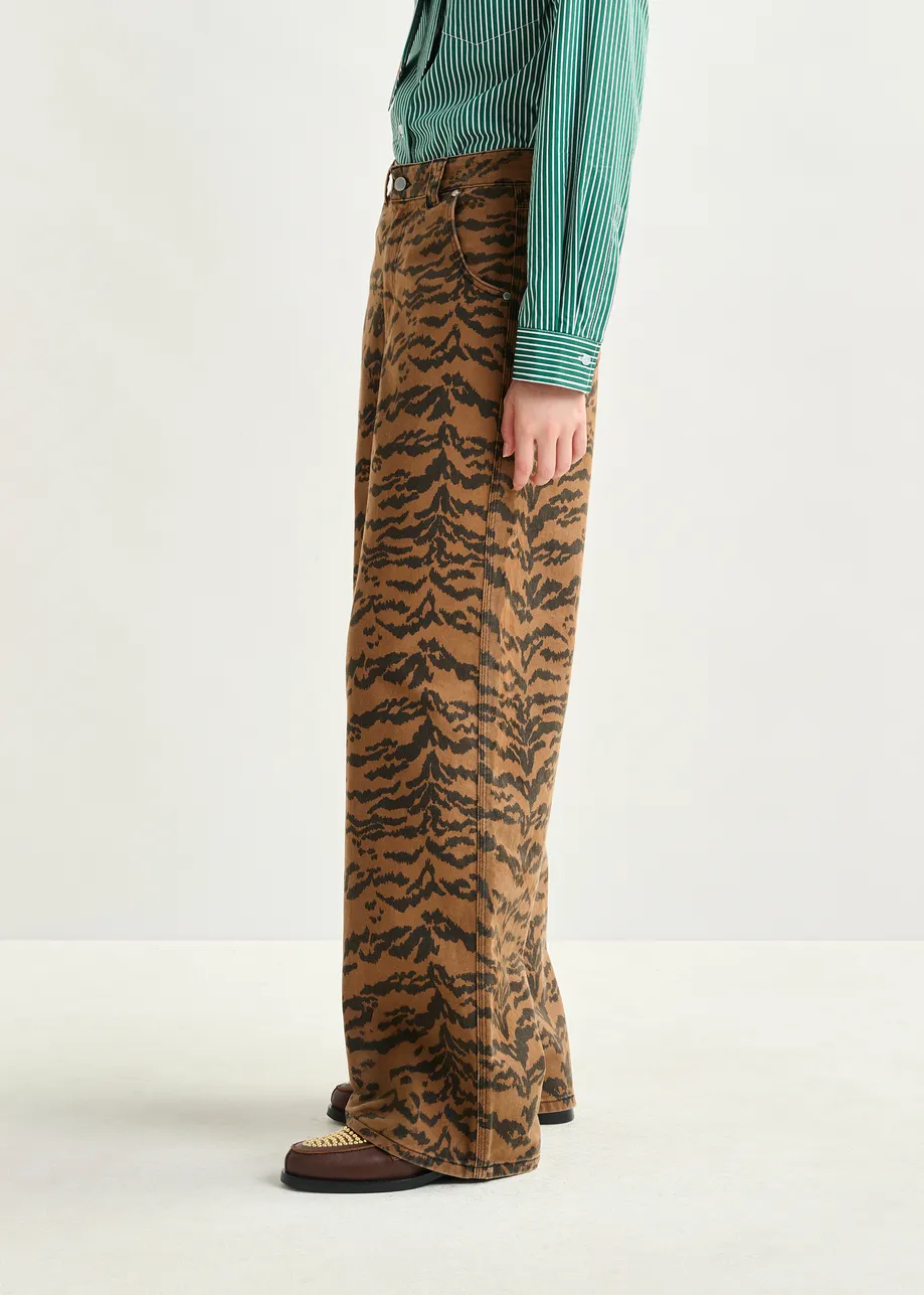 Brown and black tiger-print tapered-leg jeans