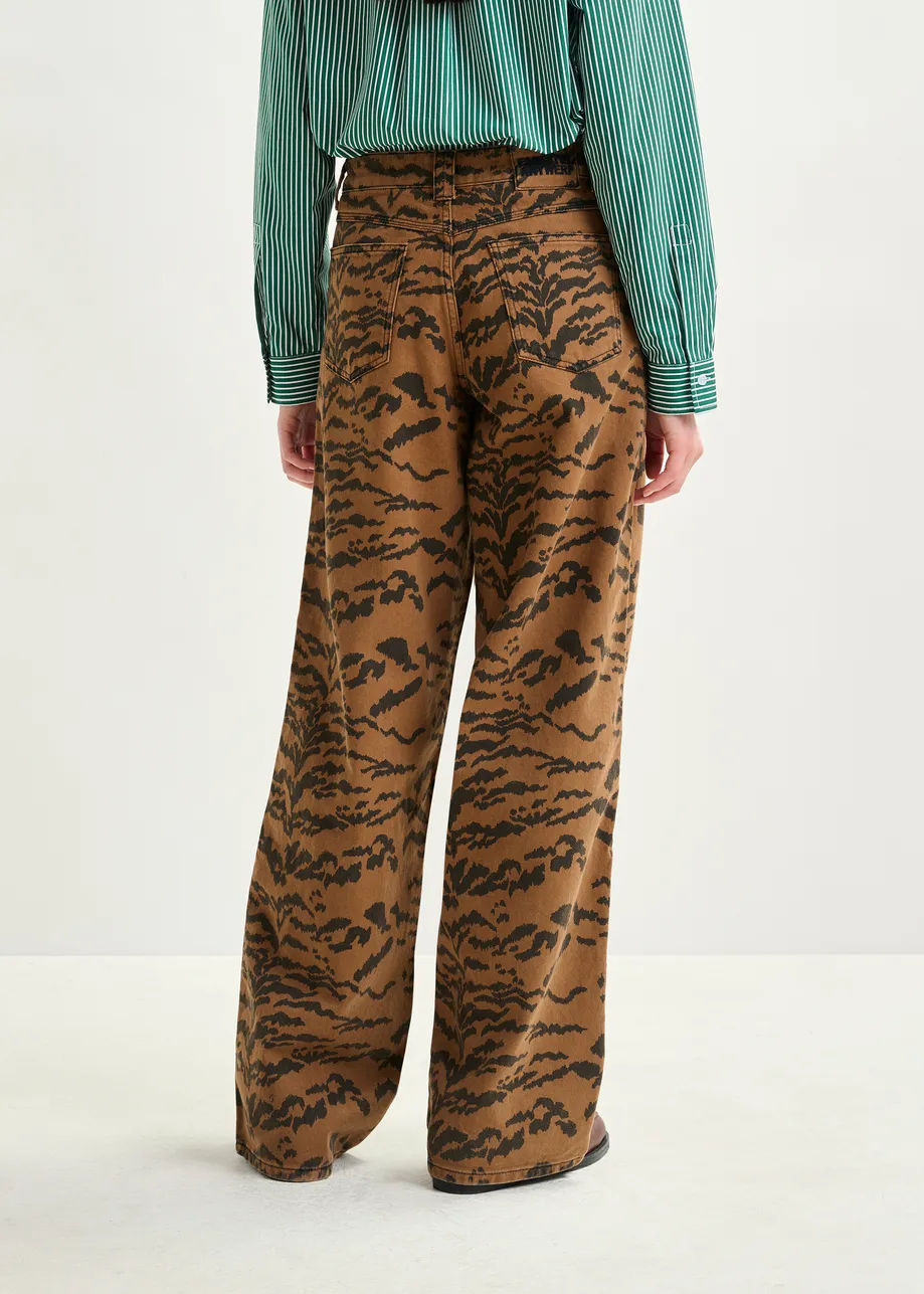 Brown and black tiger-print tapered-leg jeans