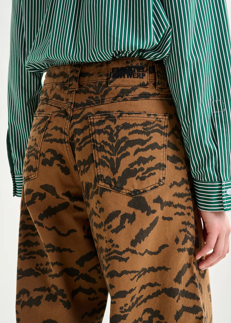 Brown and black tiger-print tapered-leg jeans