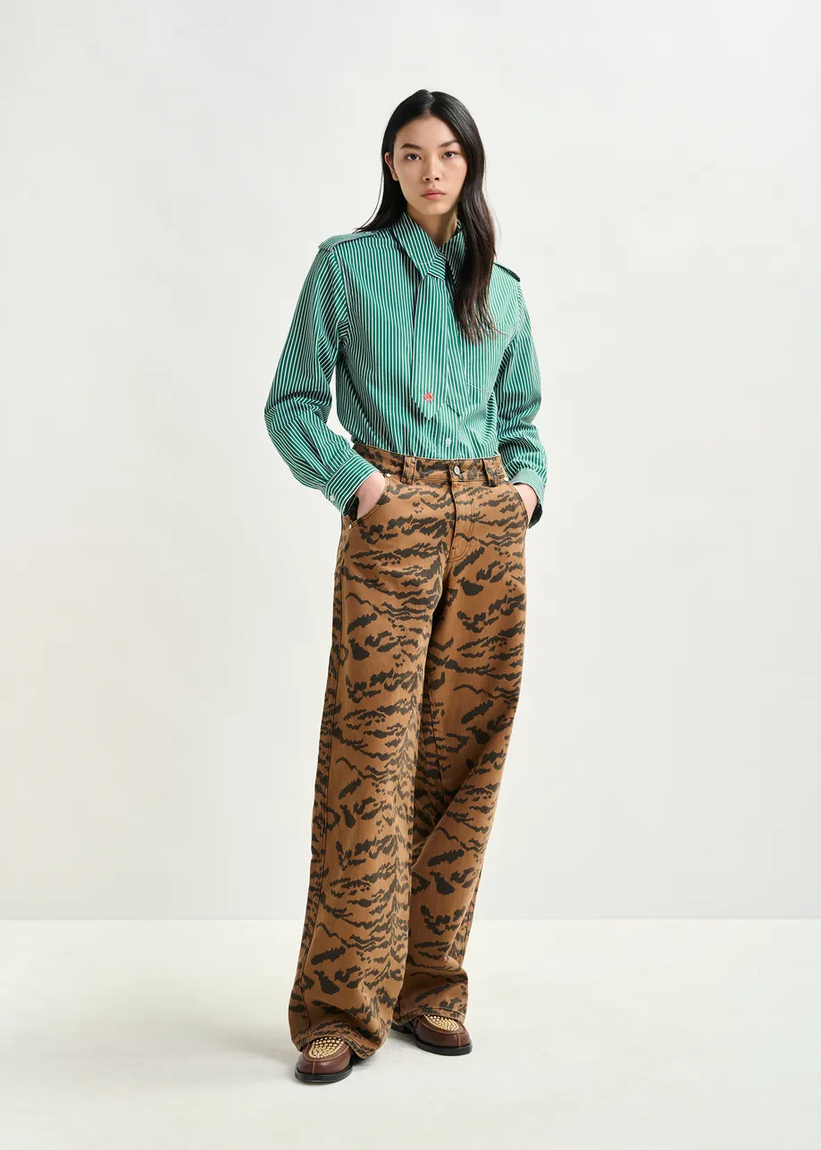Brown and black tiger-print tapered-leg jeans