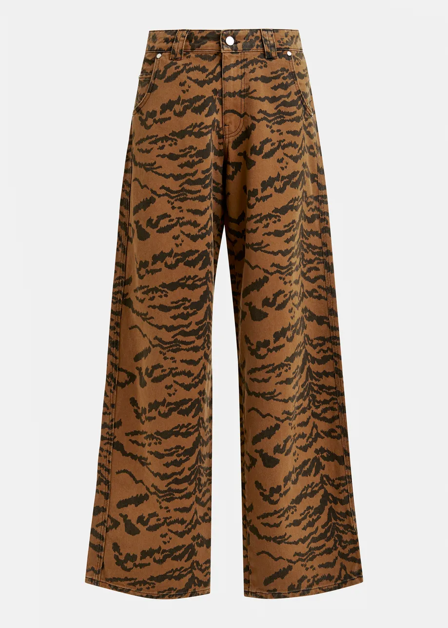 Brown and black tiger-print tapered-leg jeans