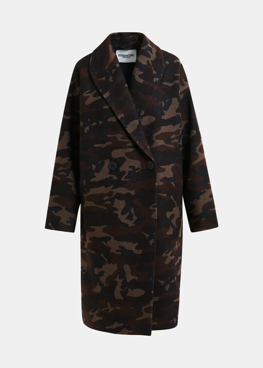 Khaki, beige and black camouflage print double-breasted wool-blend coat