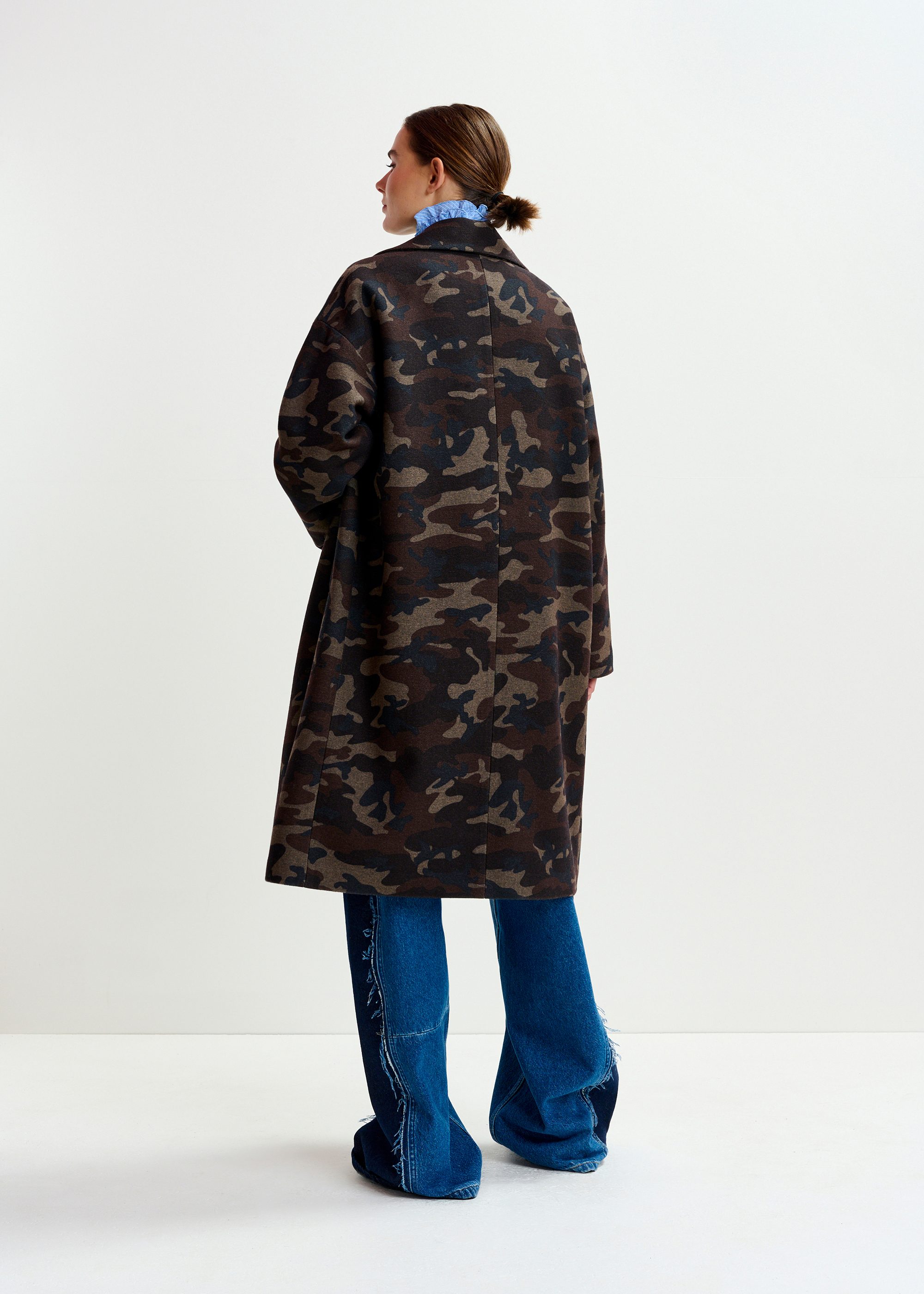 Khaki, beige and black camouflage print double-breasted wool-blend