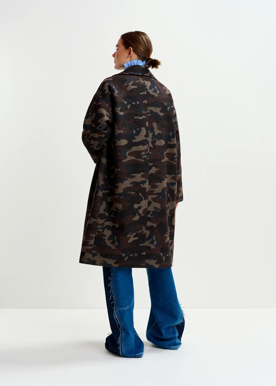 Khaki, beige and black camouflage print double-breasted wool-blend coat