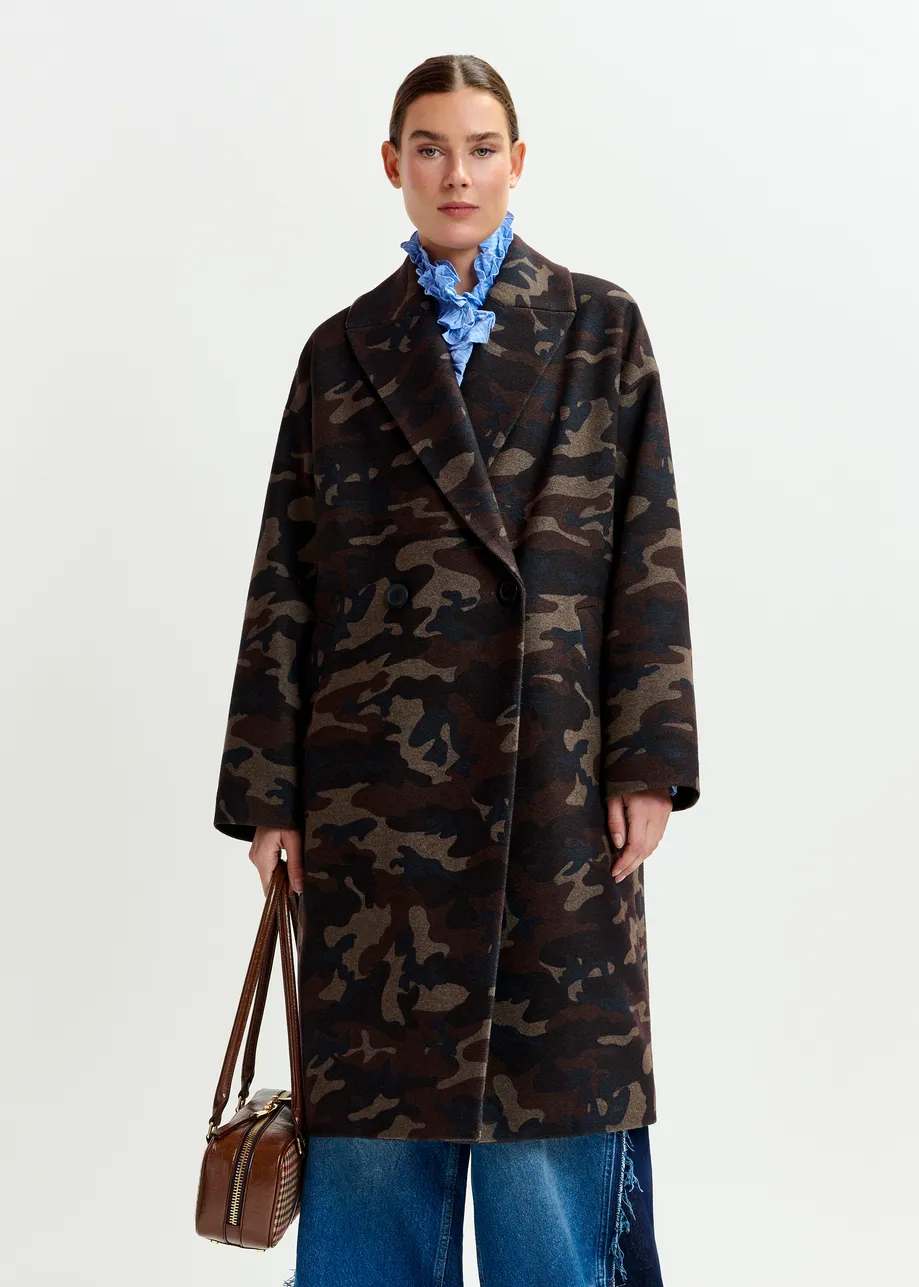 Khaki, beige and black camouflage print double-breasted wool-blend coat