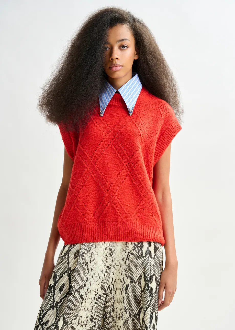 Red cable-knit sleeveless wool-blend sweater