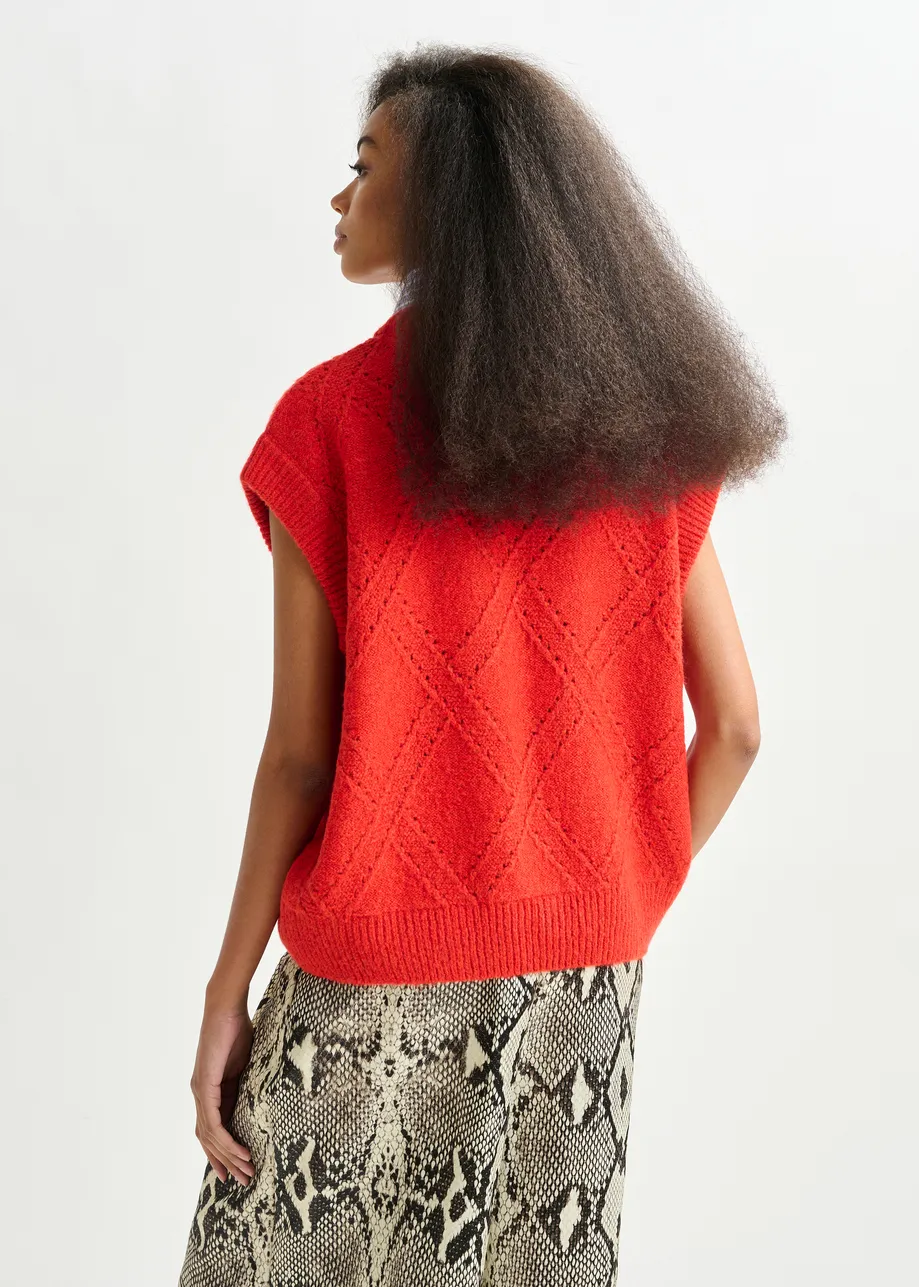 Red cable-knit sleeveless wool-blend sweater