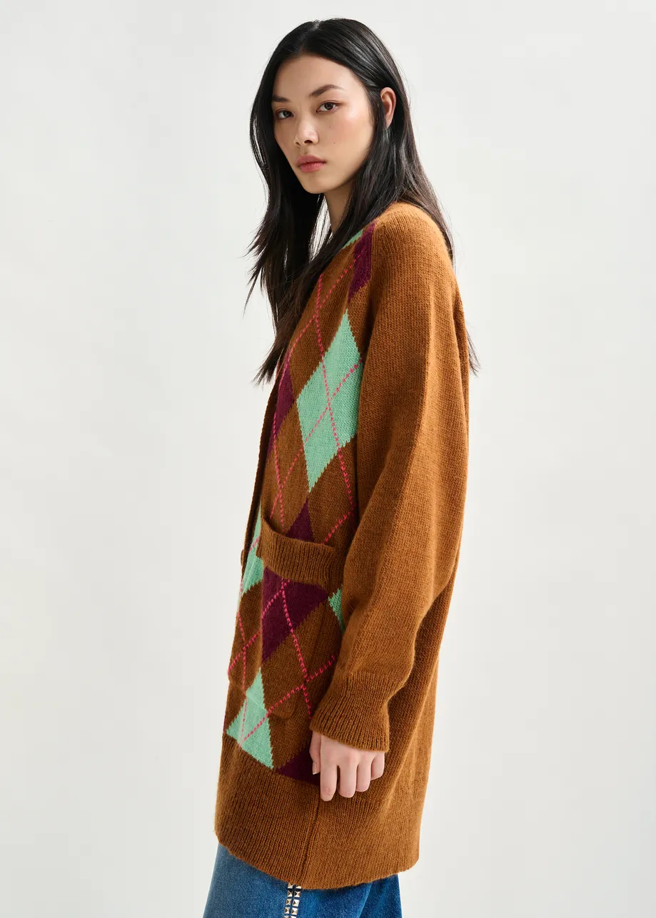 Brown, burgundy and mint argyle wool-blend cardigan