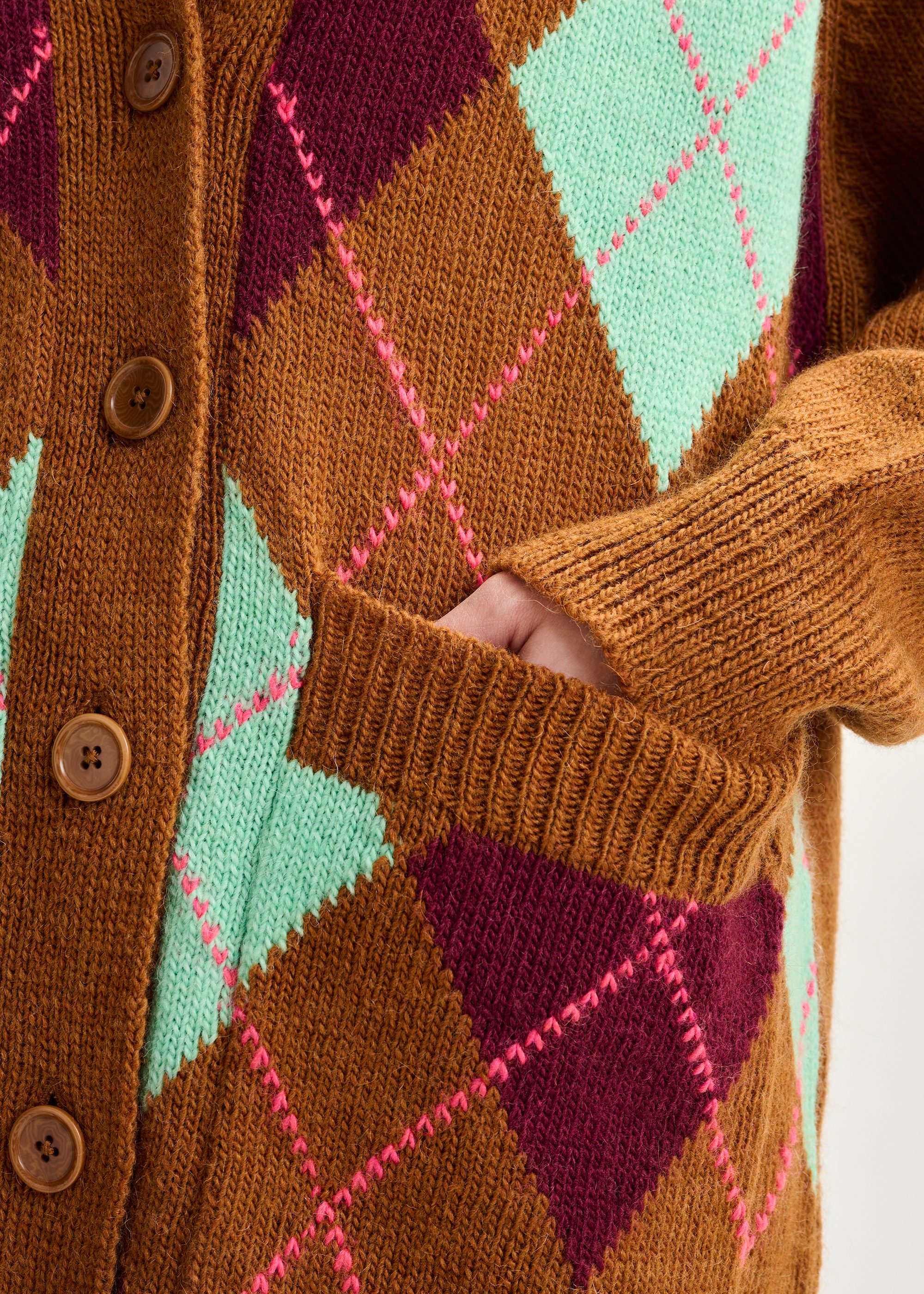 Brown, burgundy and mint argyle wool-blend cardigan | Essentiel