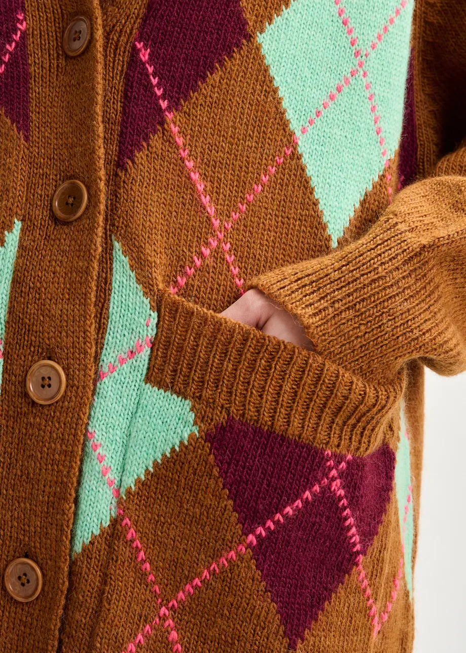 Brown, burgundy and mint argyle wool-blend cardigan
