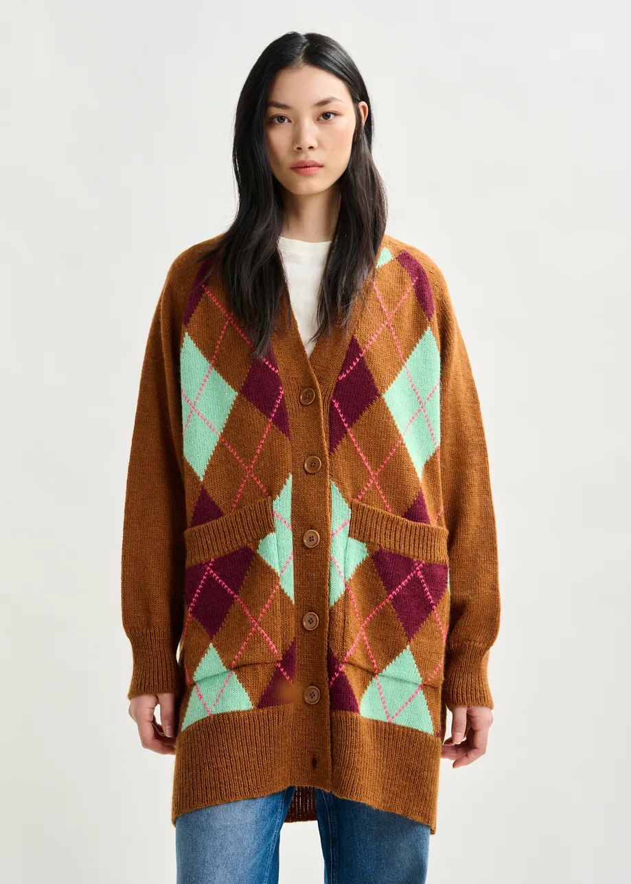 Brown, burgundy and mint argyle wool-blend cardigan