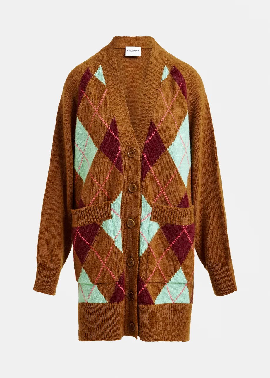 Brown, burgundy and mint argyle wool-blend cardigan