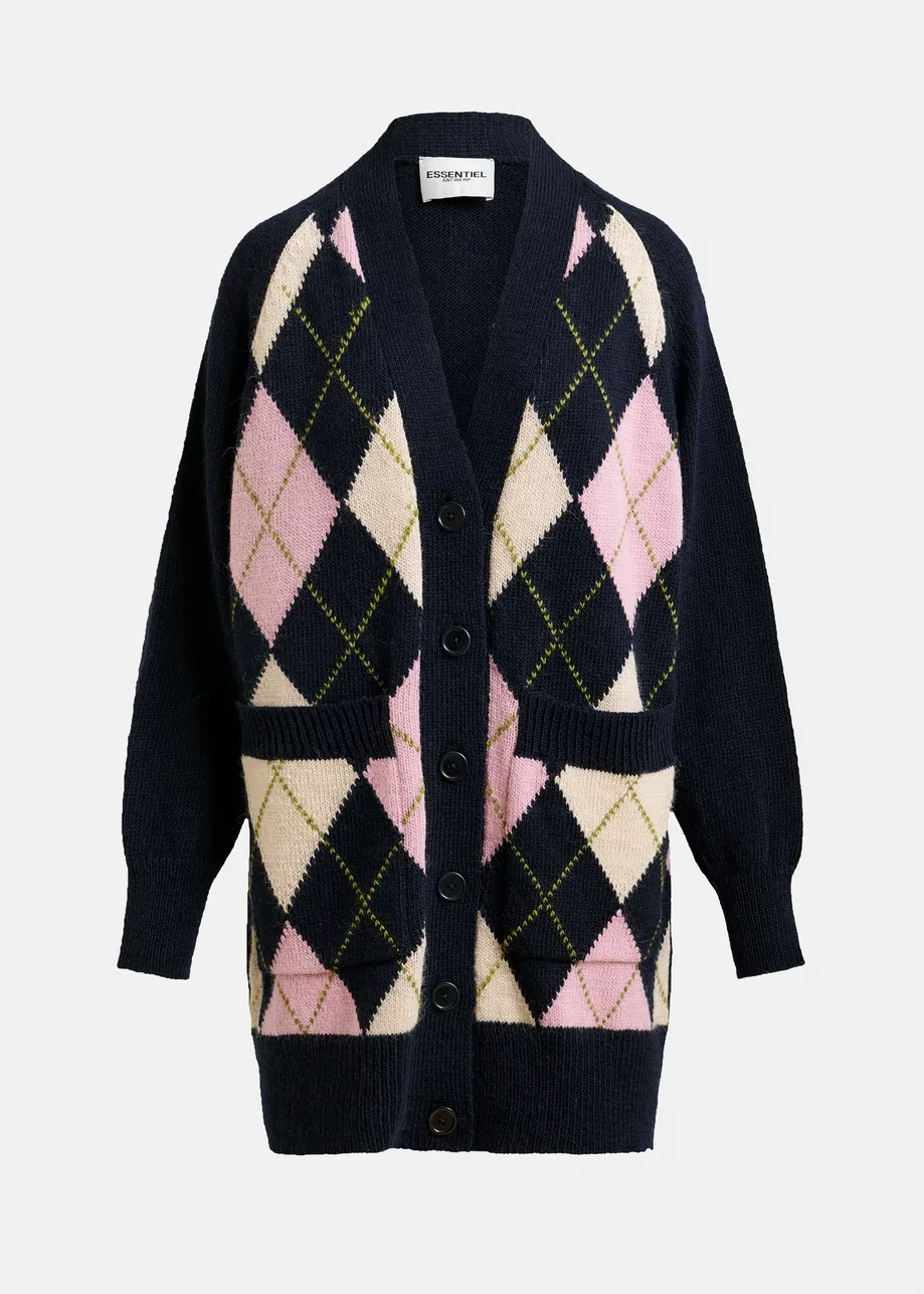 Navy, pink and light pink argyle wool-blend cardigan