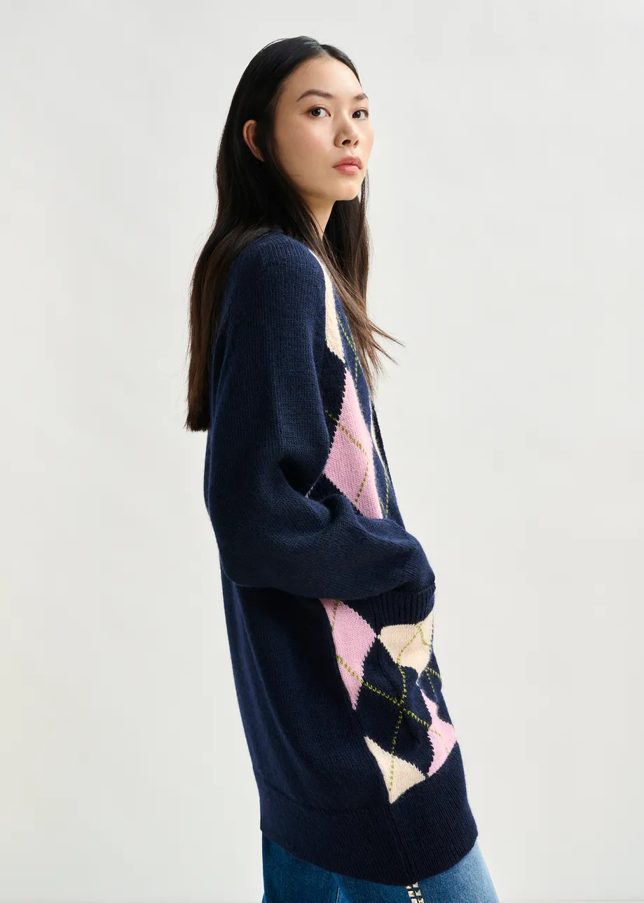 Navy, pink and light pink argyle wool-blend cardigan