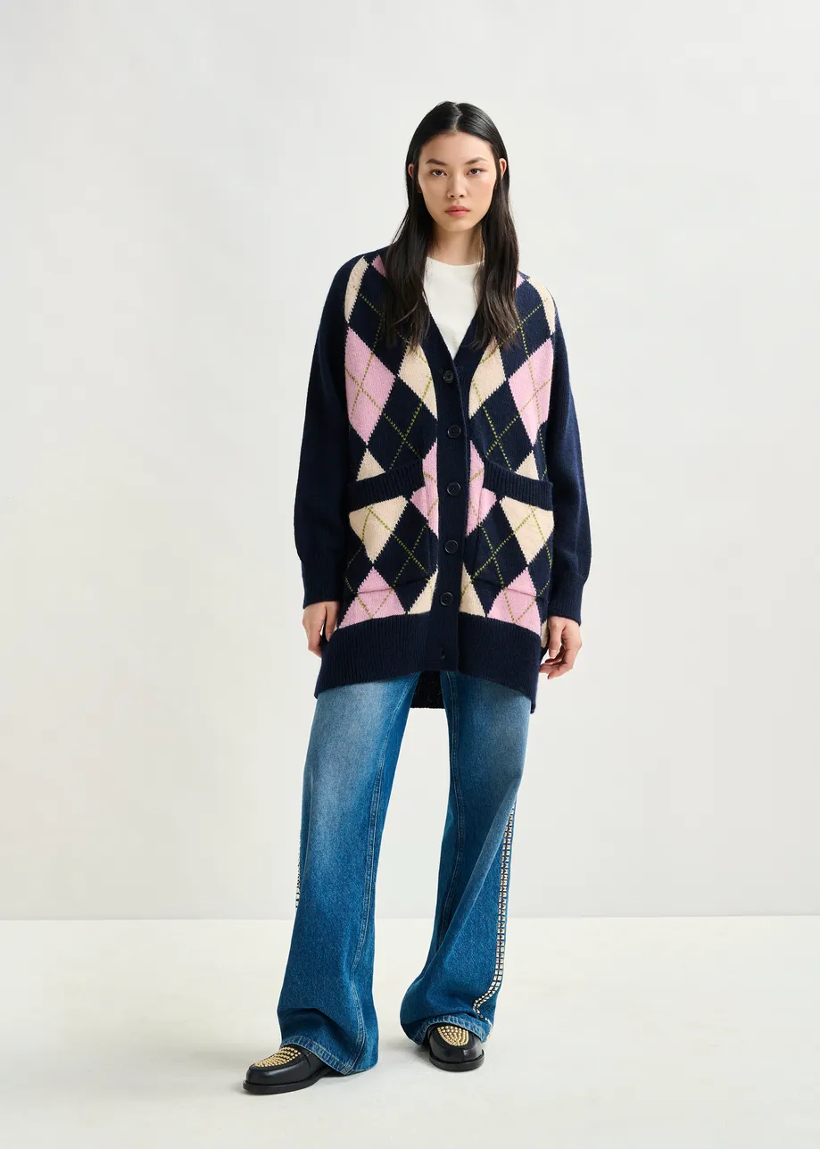 Navy, pink and light pink argyle wool-blend cardigan