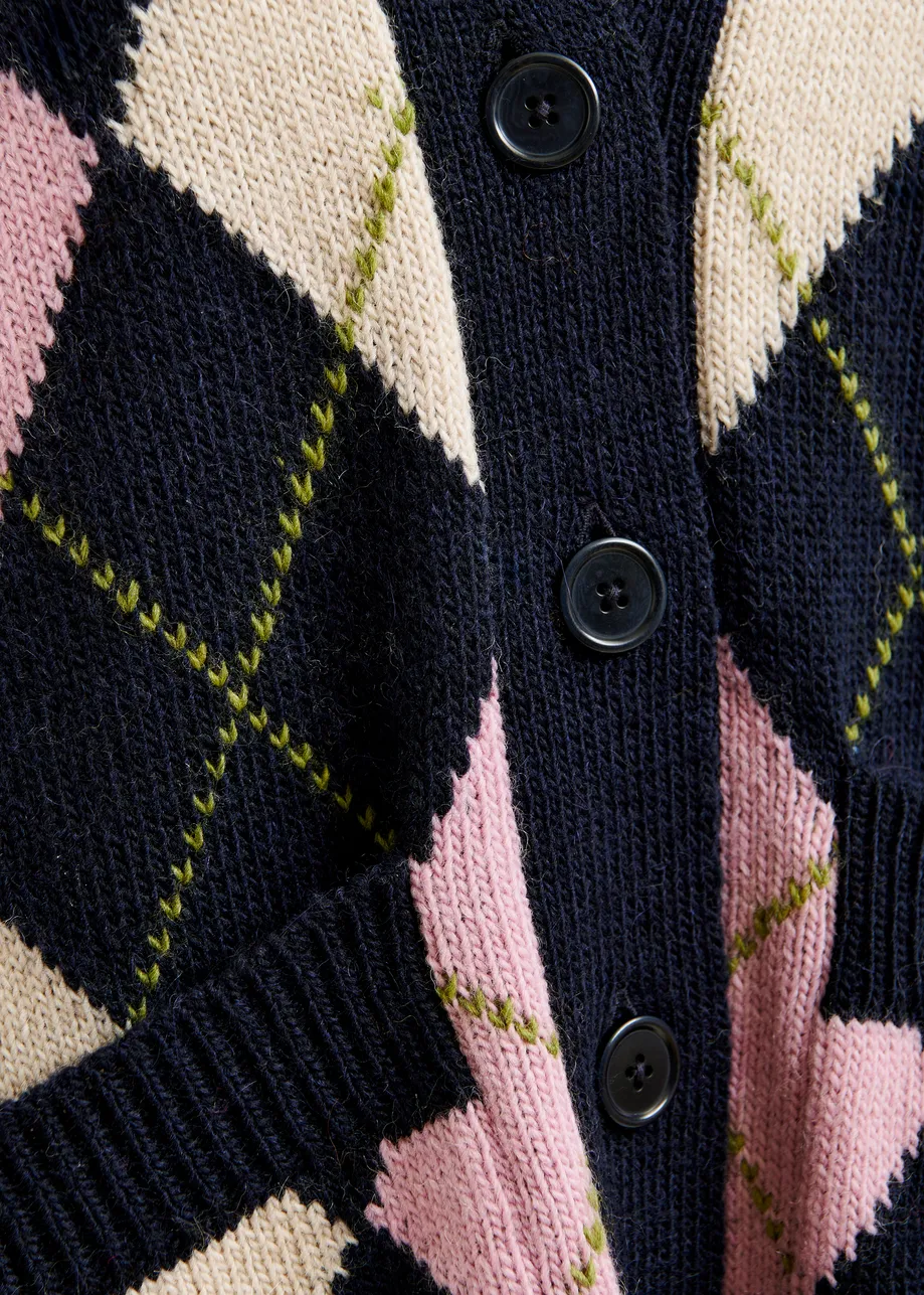 Navy, pink and light pink argyle wool-blend cardigan