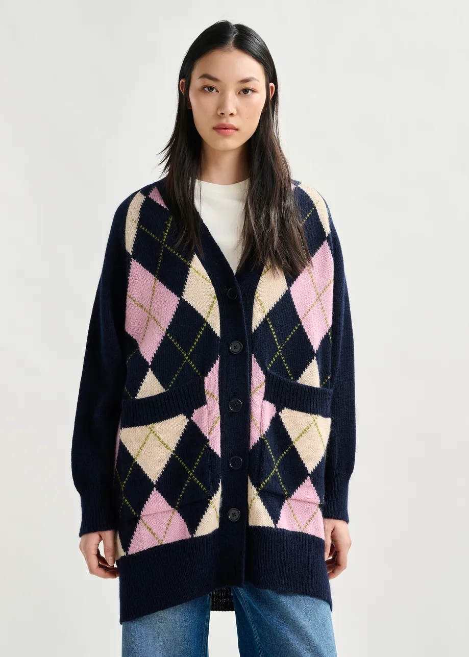 Navy, pink and light pink argyle wool-blend cardigan