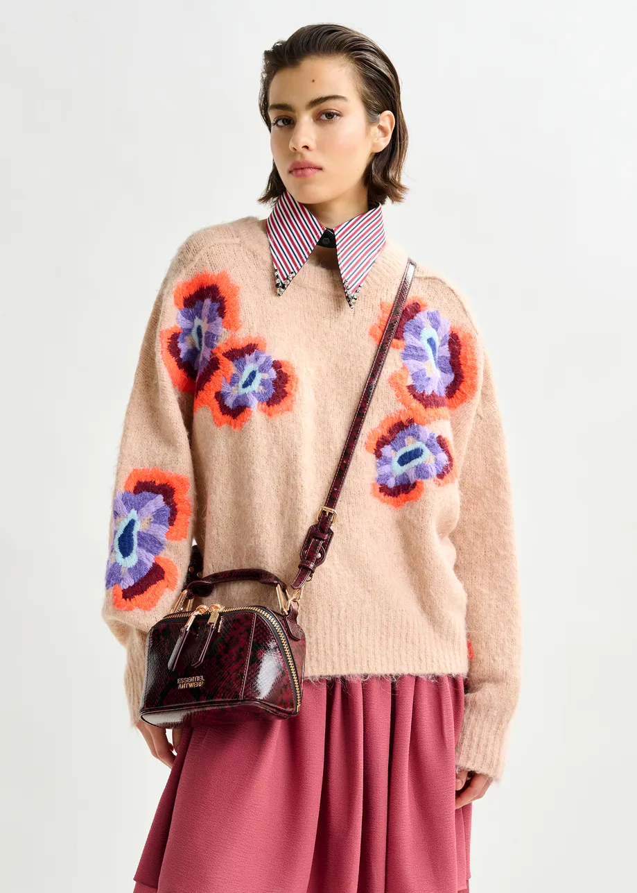 Beige and multicolor floral jacquard mohair-blend sweater