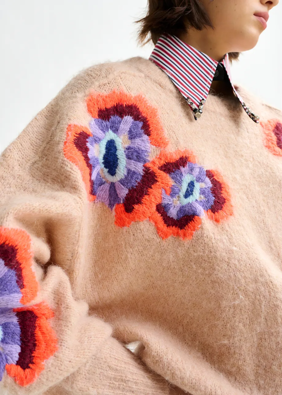 Beige and multicolor floral jacquard mohair-blend sweater