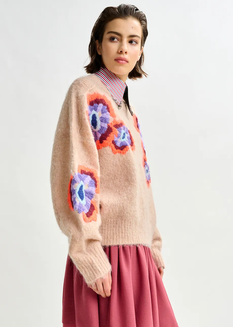 Beige and multicolor floral jacquard mohair-blend sweater