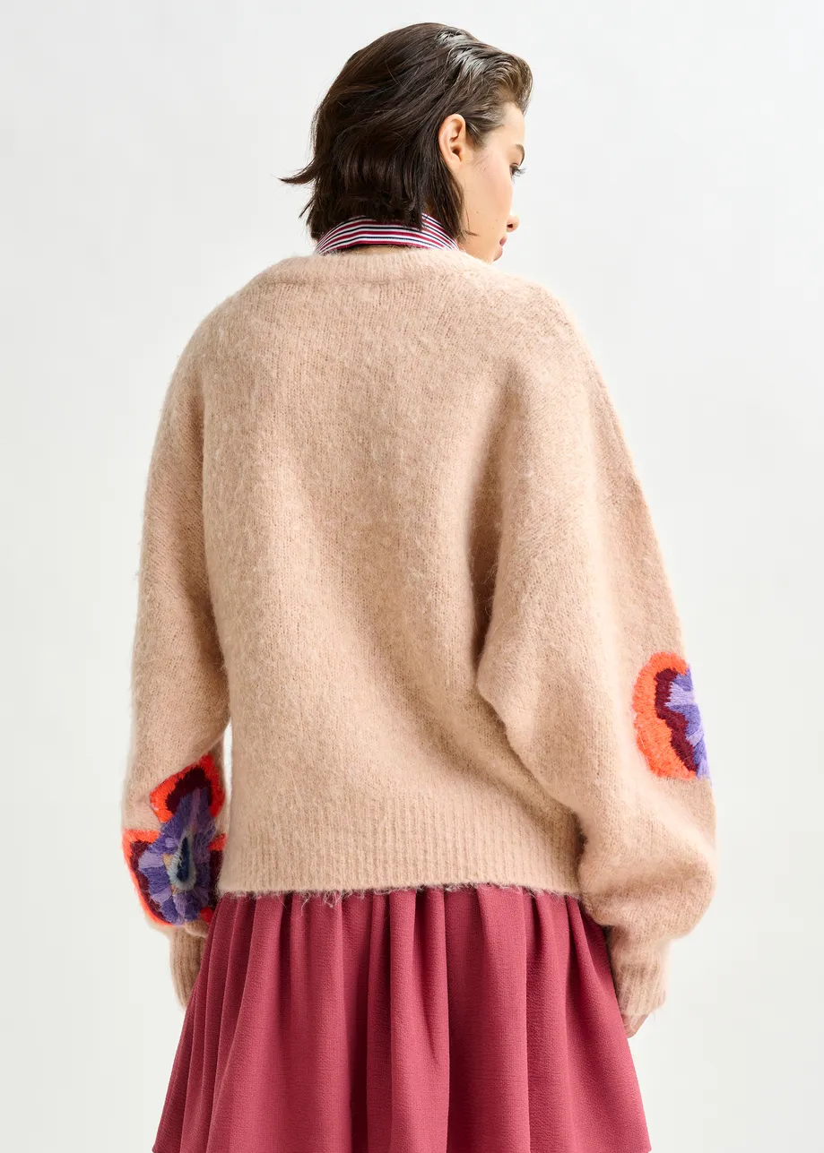 Beige and multicolor floral jacquard mohair-blend sweater