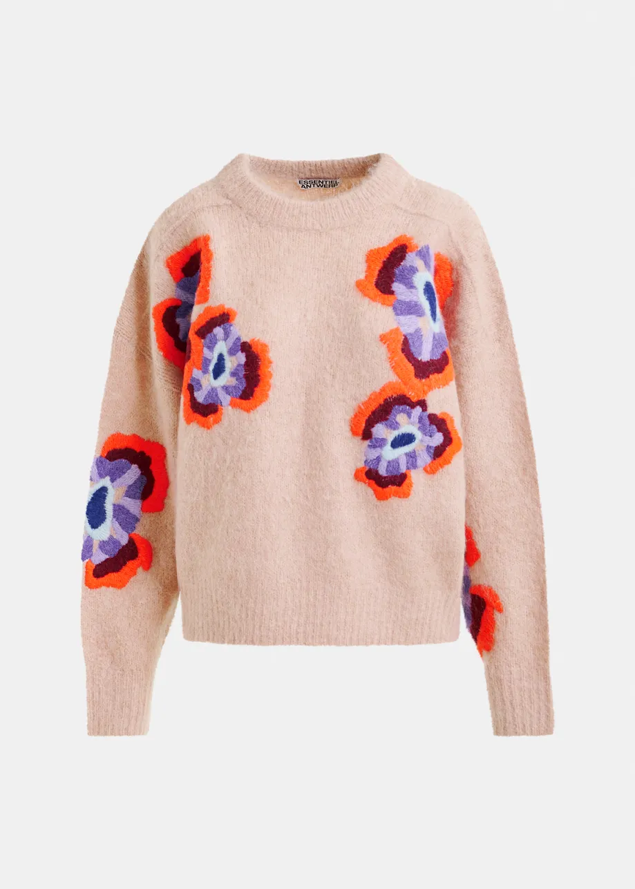 Beige and multicolor floral jacquard mohair-blend sweater