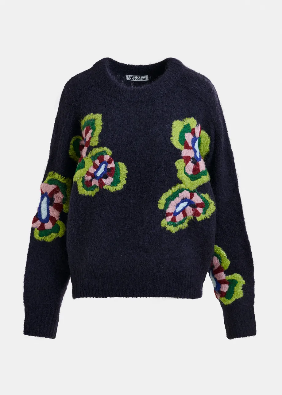 Navy, green and red fine knit sweater with embroidered flowers