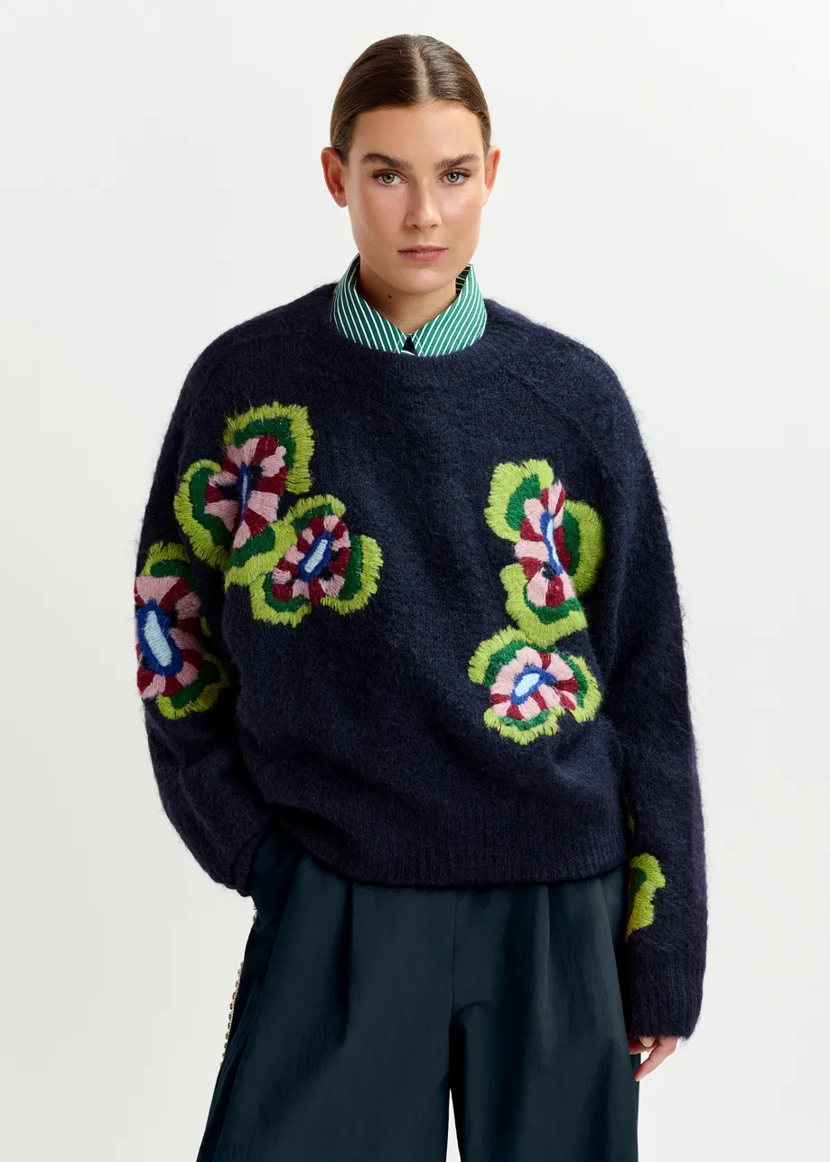 Navy, green and red fine knit sweater with embroidered flowers