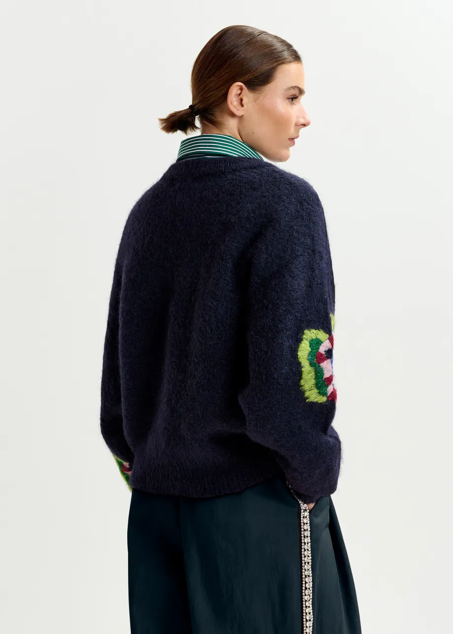 Navy, green and red fine knit sweater with embroidered flowers