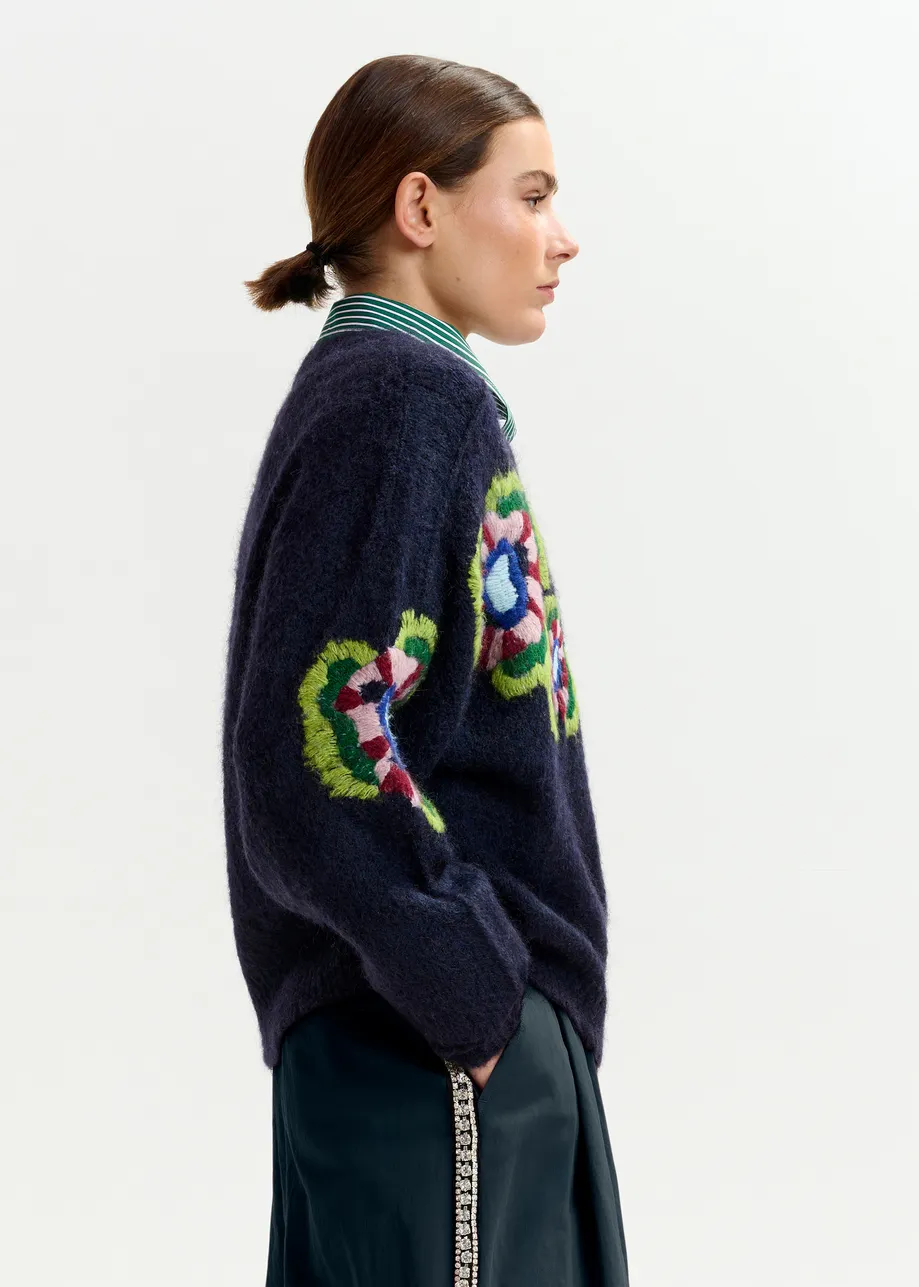 Navy, green and red fine knit sweater with embroidered flowers