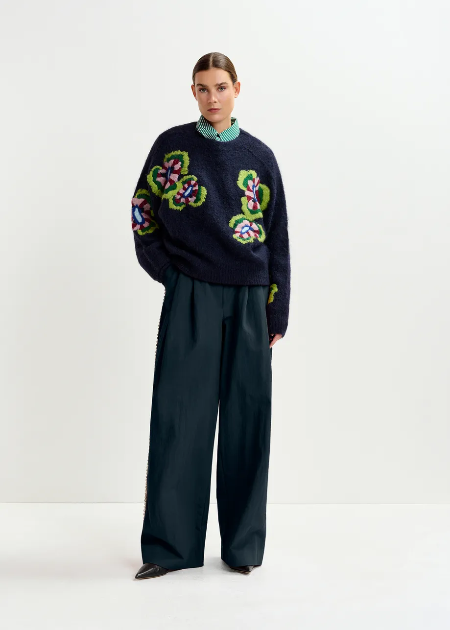 Navy, green and red fine knit sweater with embroidered flowers