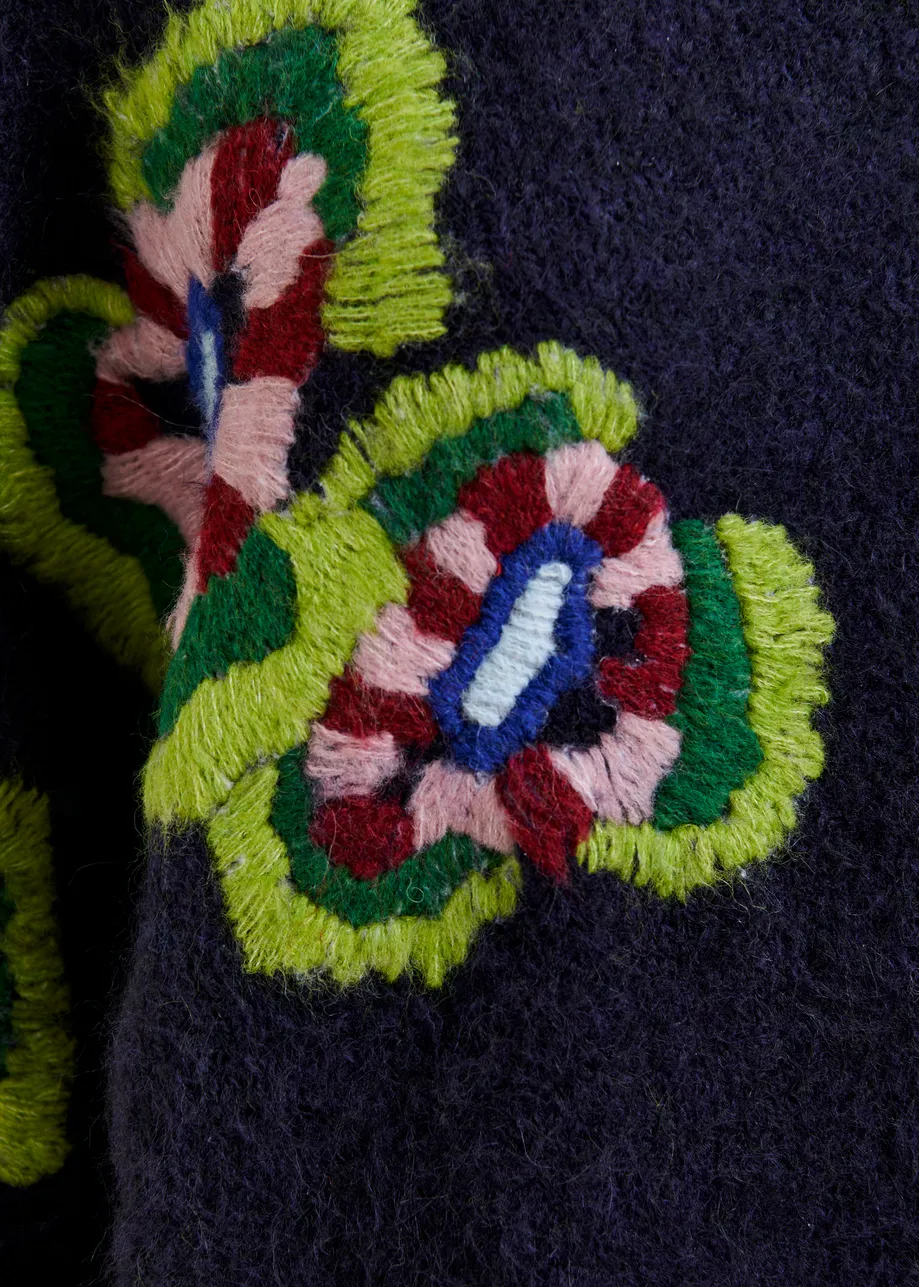 Navy, green and red fine knit sweater with embroidered flowers