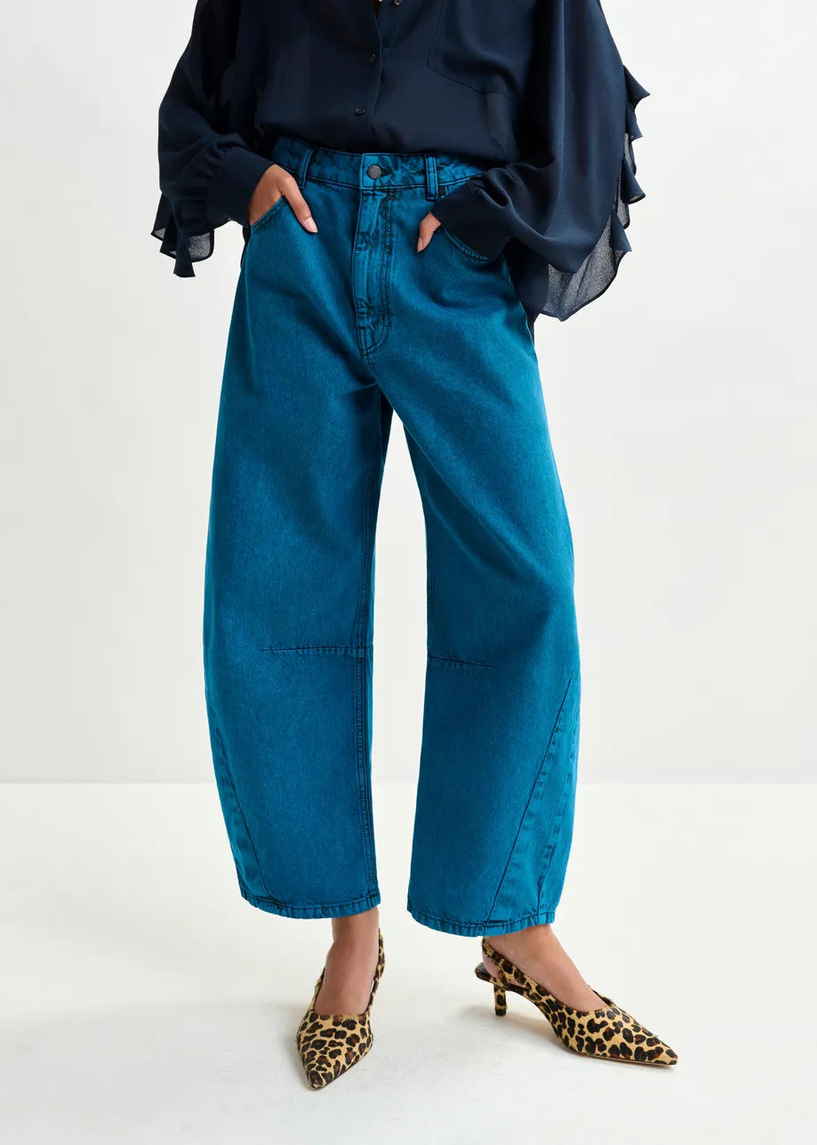 Burgundy overdyed organic cotton barrel-leg jeans