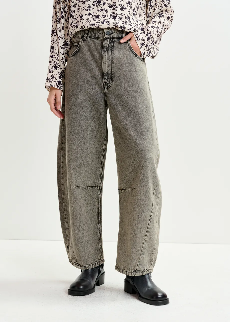 Grey and beige overdyed organic cotton barrel-leg jeans