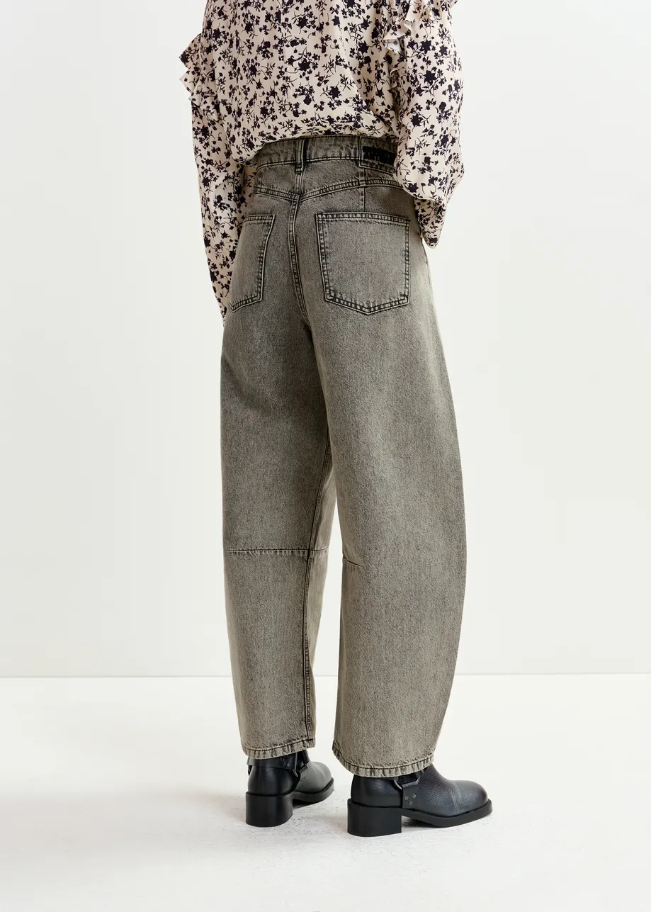 Grey and beige overdyed organic cotton barrel-leg jeans