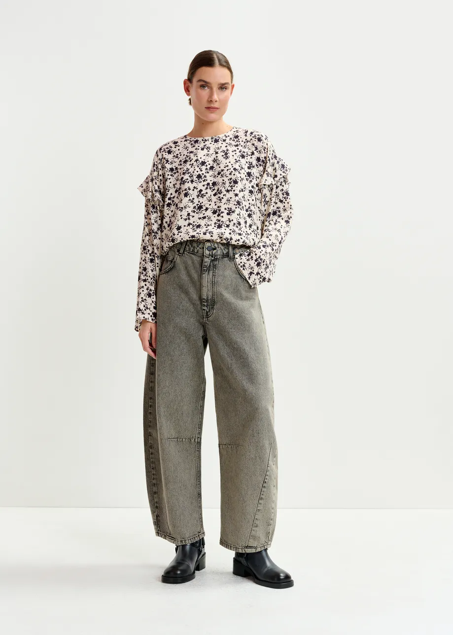 Grey and beige overdyed organic cotton barrel-leg jeans