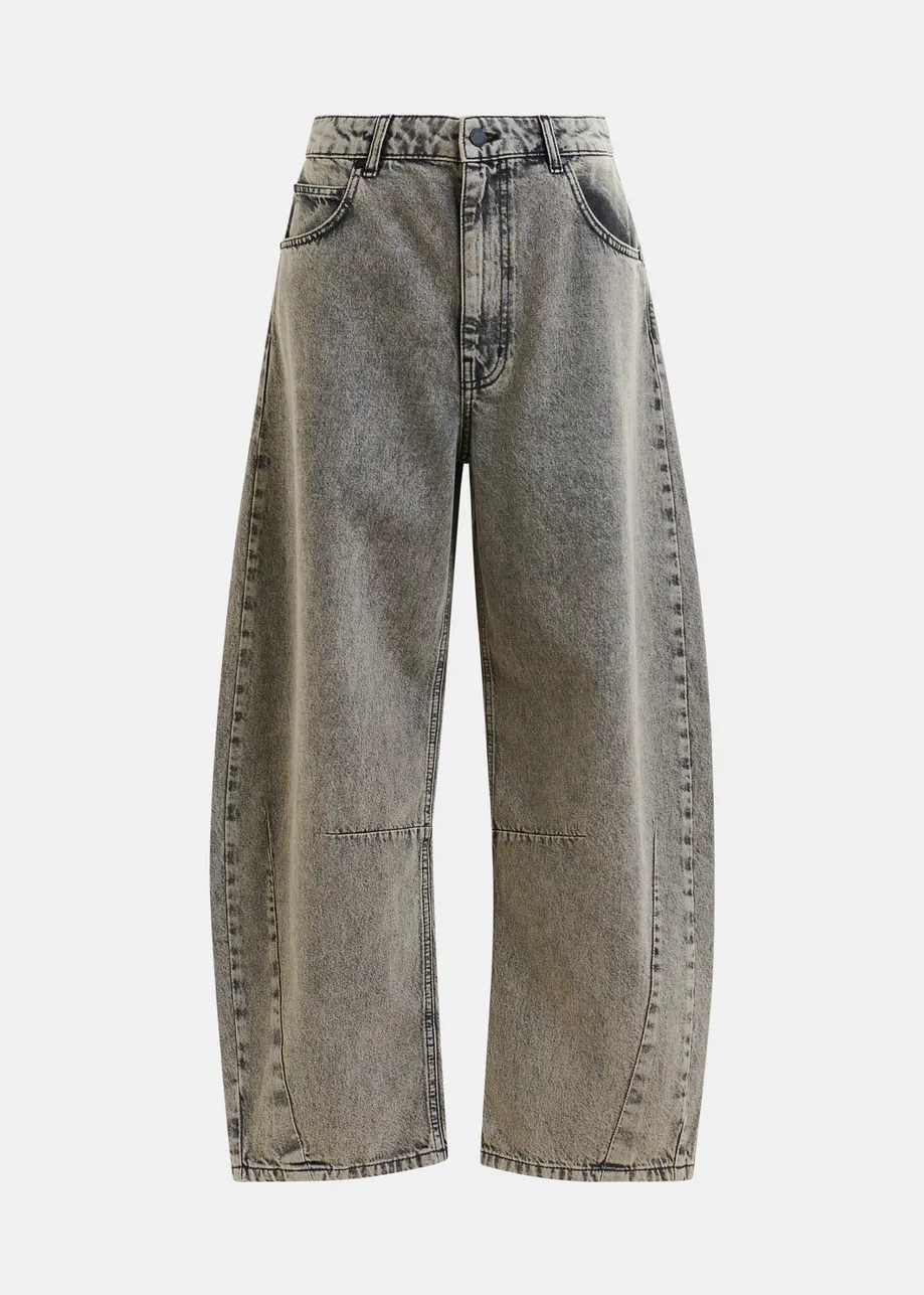 Grey and beige overdyed organic cotton barrel-leg jeans