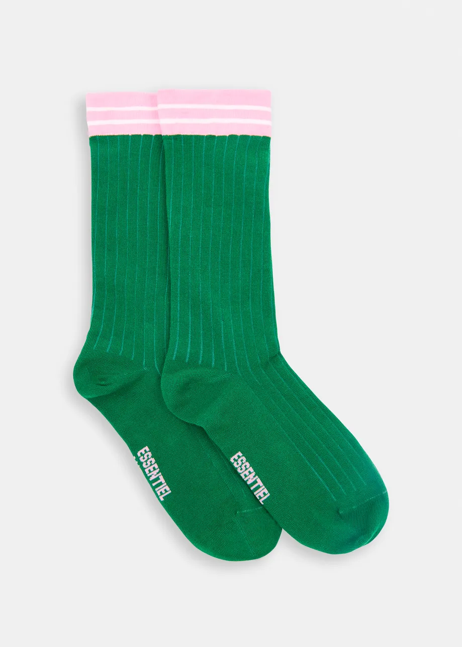 Dark green, pink and white rib-knitted socks with stripes