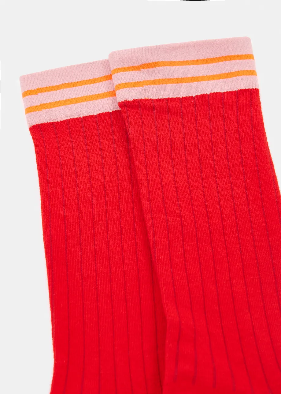 Red , orange and light pink rib-knitted socks with stripes