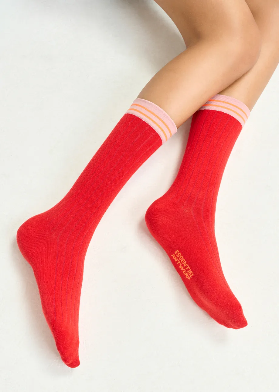 Red , orange and light pink rib-knitted socks with stripes