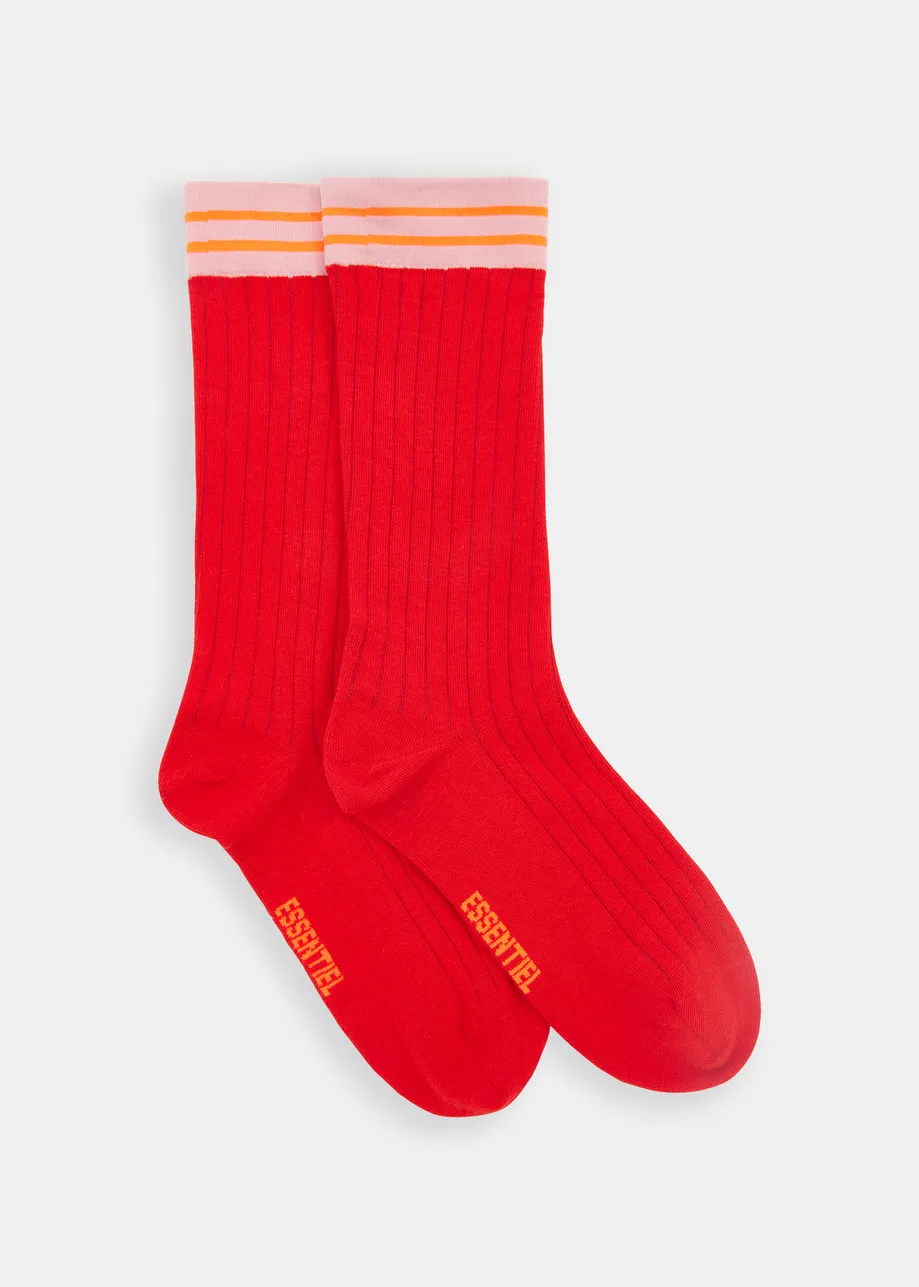 Red , orange and light pink rib-knitted socks with stripes