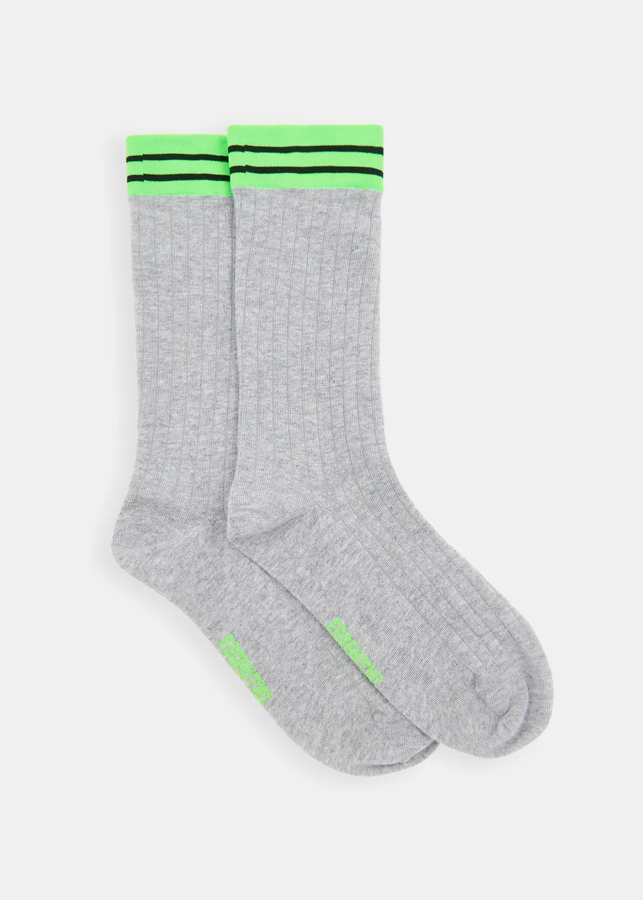 Grey, neon green and black rib-knitted socks with stripes