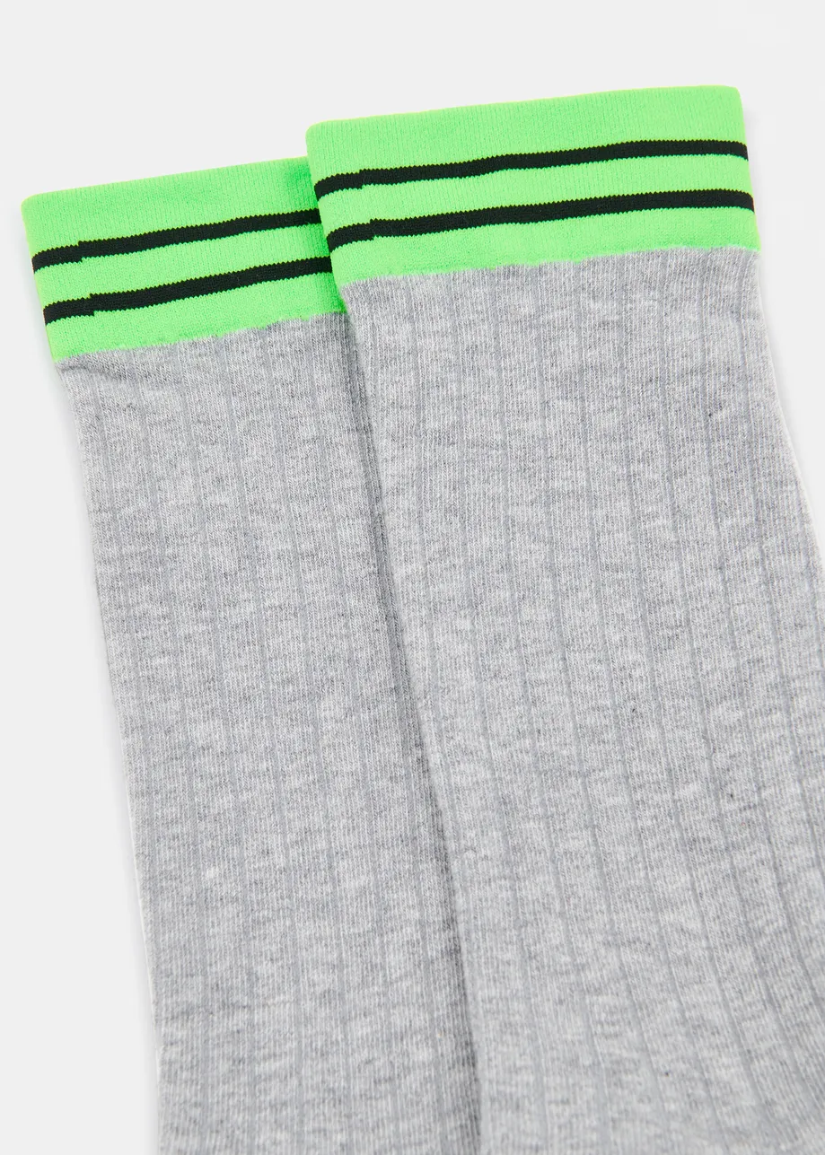 Grey, neon green and black rib-knitted socks with stripes