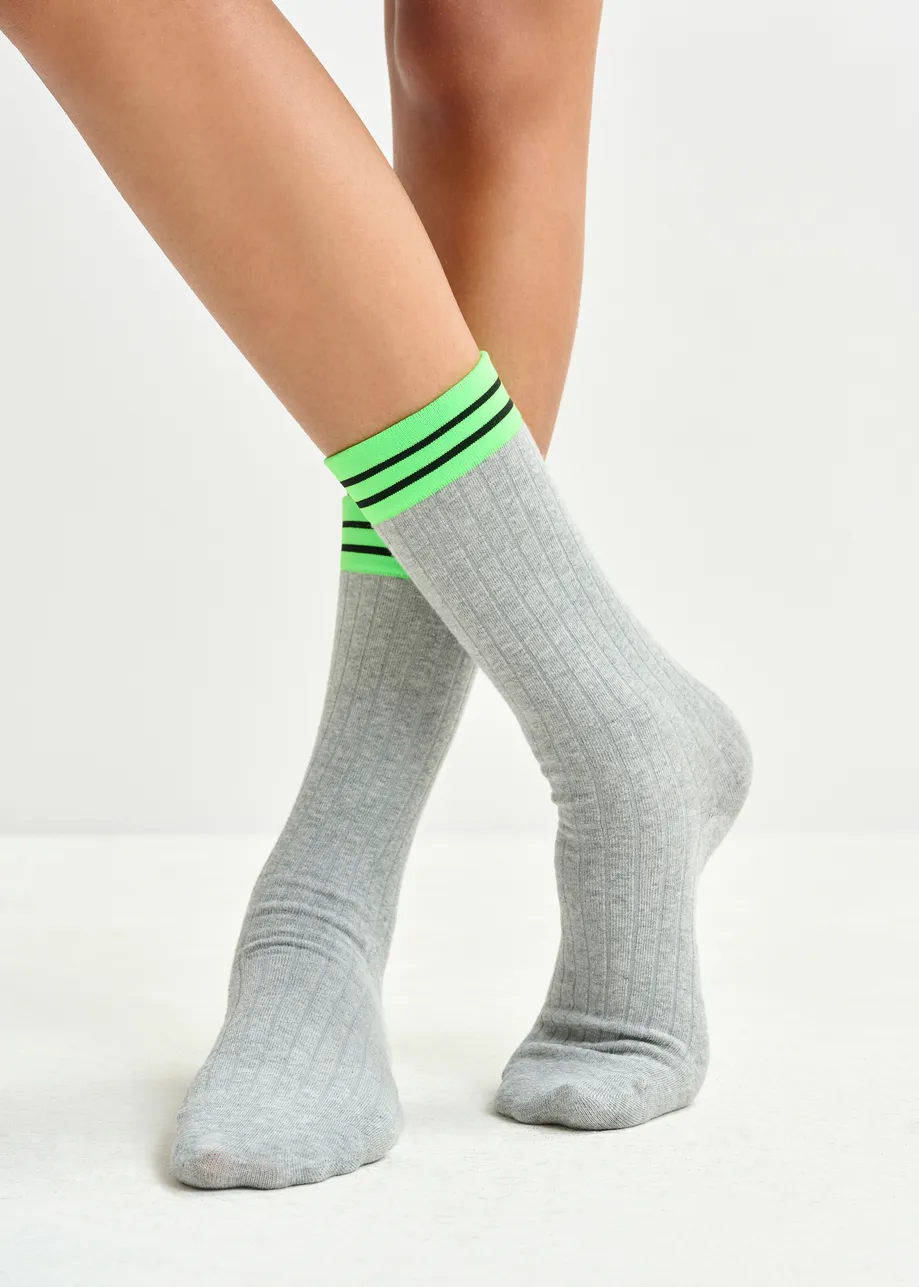 Grey, neon green and black rib-knitted socks with stripes