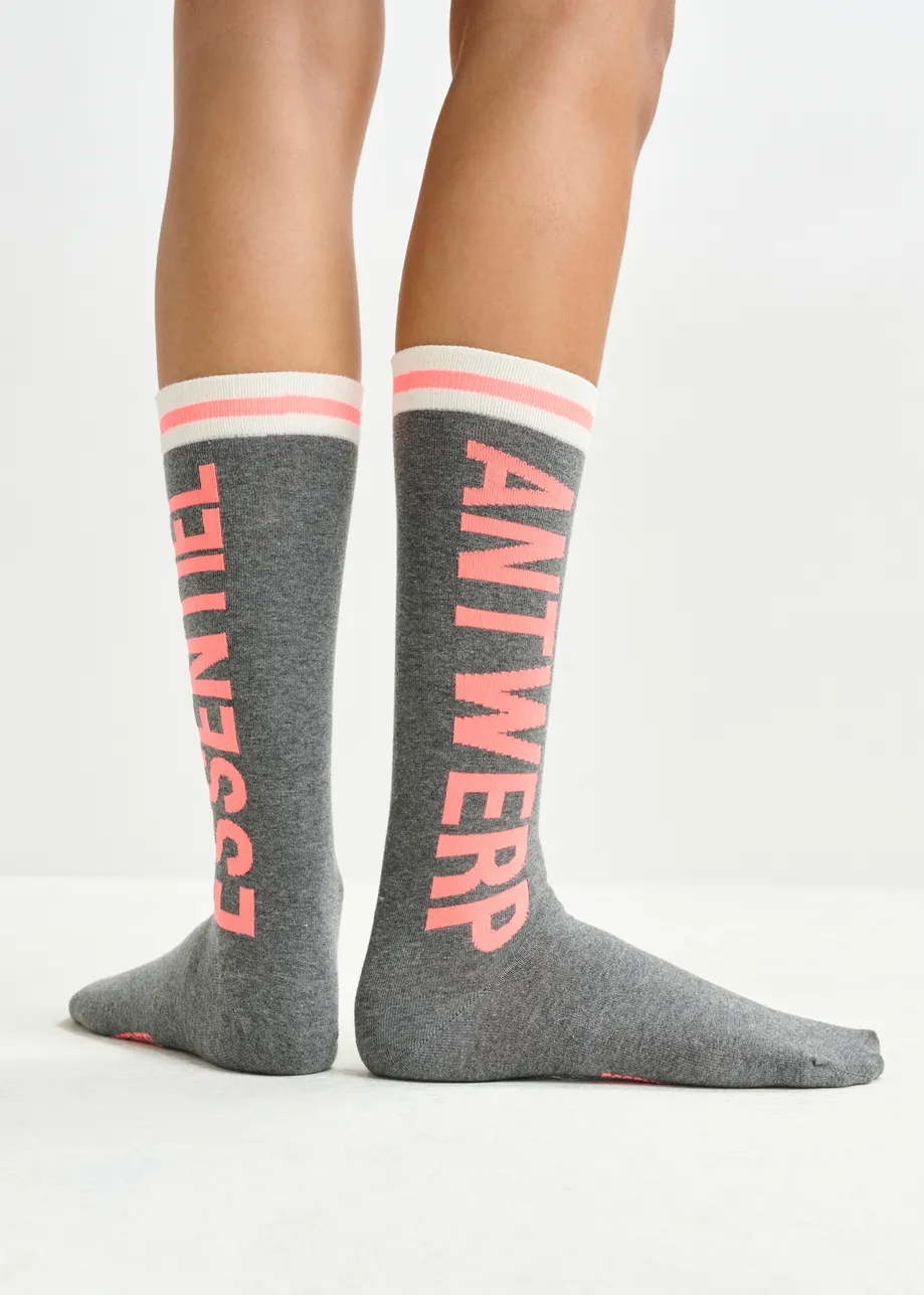 Grey, off-white and orange logo-intersia cotton-blend socks