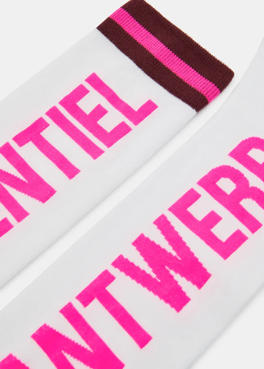 White, pink and burgundy logo-intersia cotton-blend socks