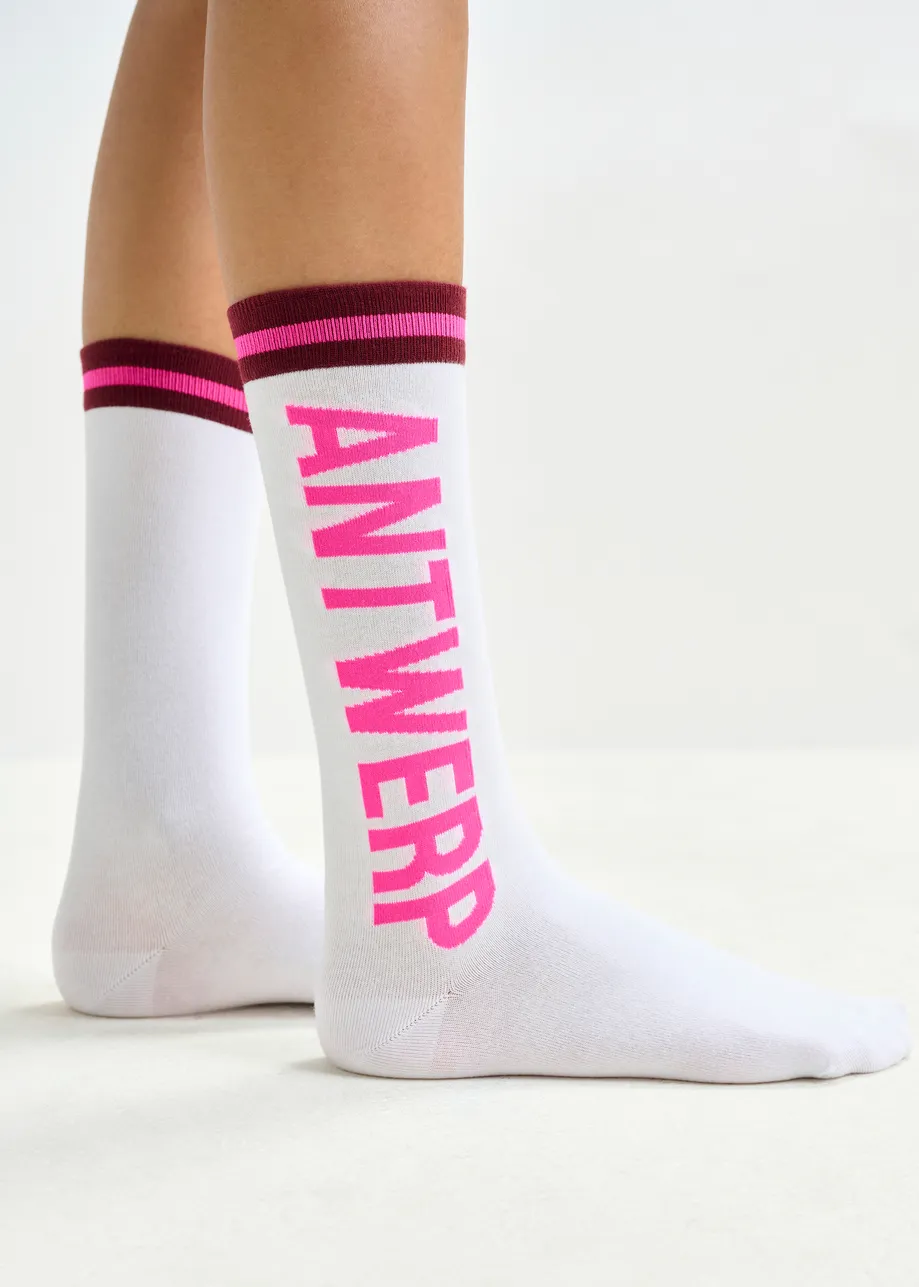 White, pink and burgundy logo-intersia cotton-blend socks