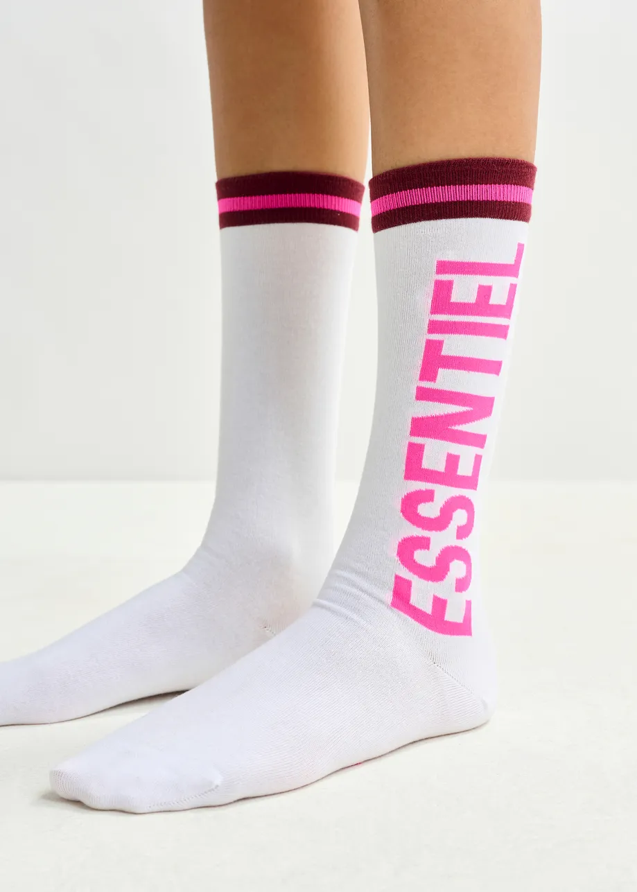White, pink and burgundy logo-intersia cotton-blend socks