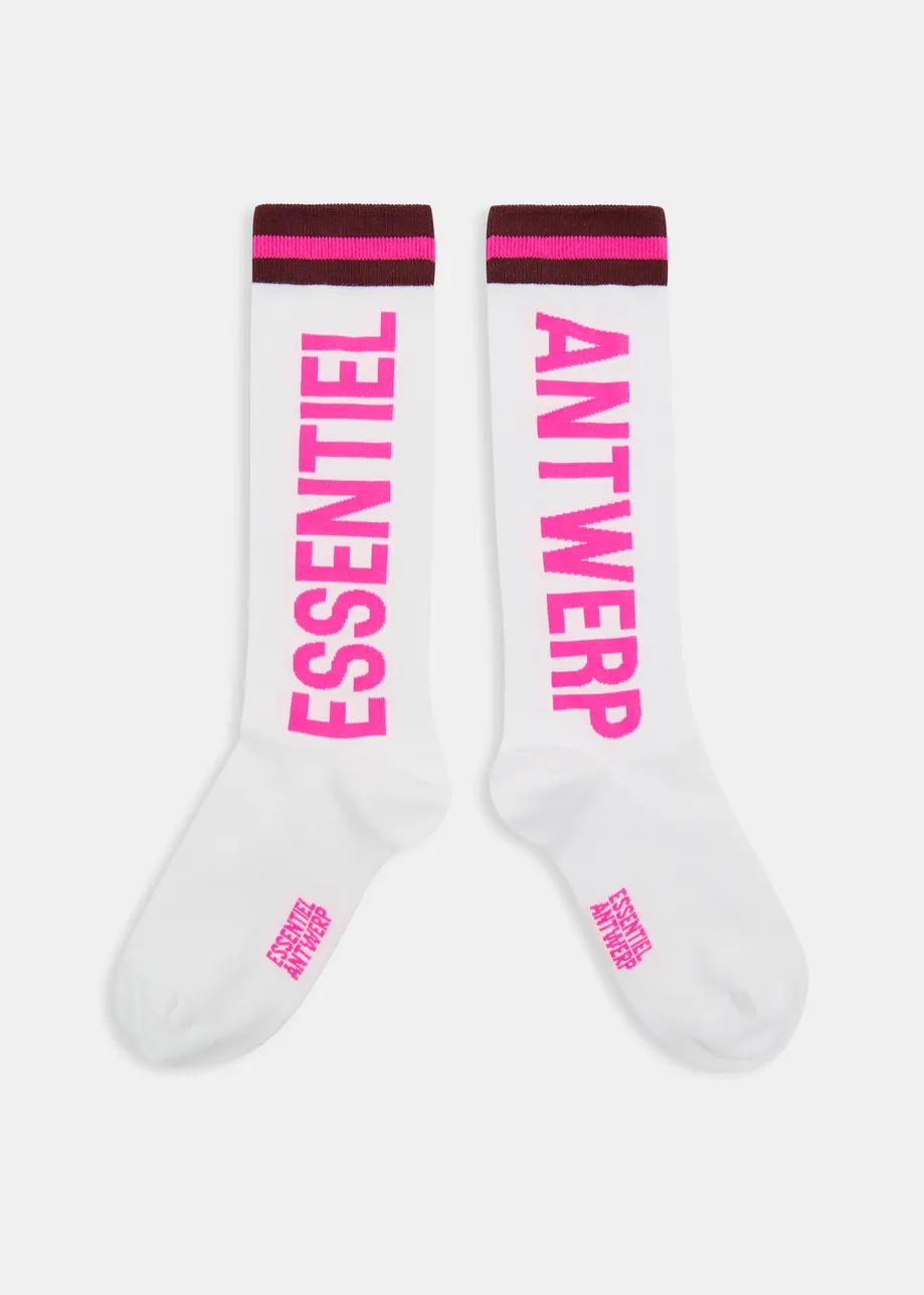 White, pink and burgundy logo-intersia cotton-blend socks
